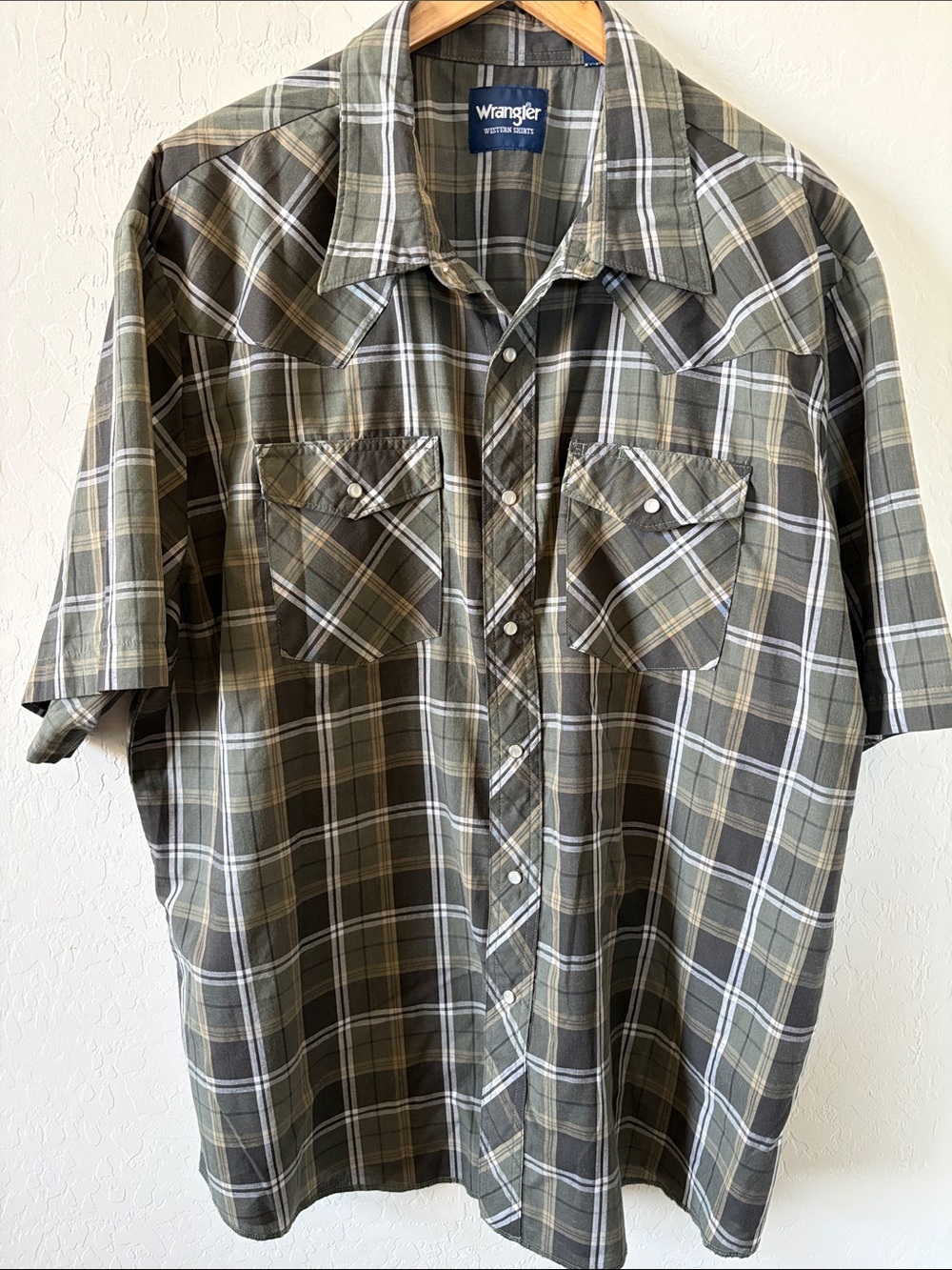 Wrangler Western Shirt Men's XXL Green Plaid Short Sleeve Pearl Snap Button
